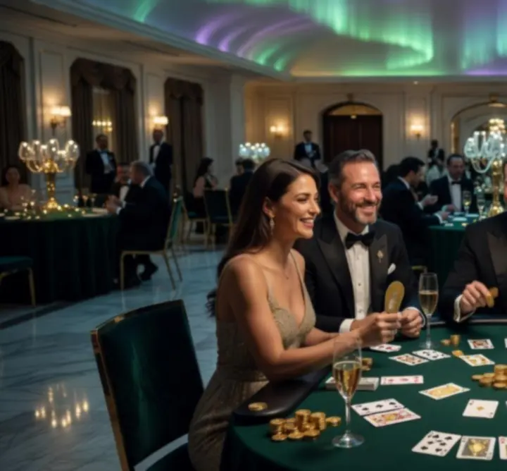 Goście bawiący się przy stołach w stylu kasyna podczas eleganckiego eventu