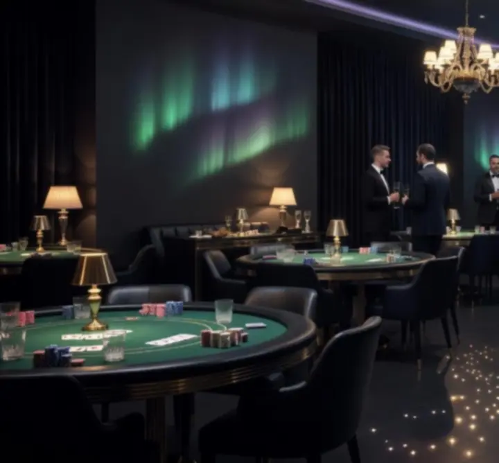 Sala eventowa w klimacie aurora casino przygotowana na wieczór pokerowy