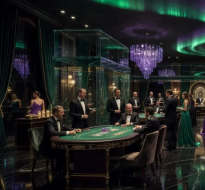 Elegancki wieczór tematyczny w stylu kasynowym z pokerowym stołem i aurora-inspirowanym oświetleniem